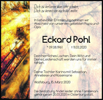 Traueranzeige von Eckard Pohl  von Magdeburger Volksstimme