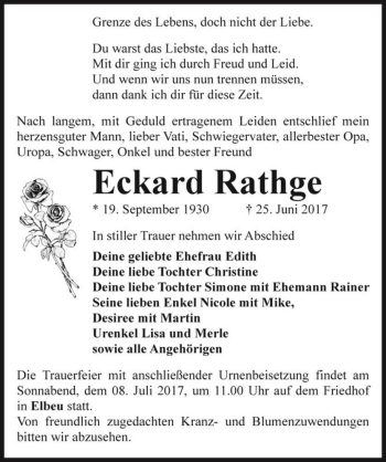 Traueranzeige von Eckard Rathge  von Magdeburger Volksstimme