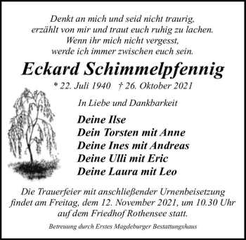 Traueranzeige von Eckard Schimmelpfennig  von Magdeburger Volksstimme