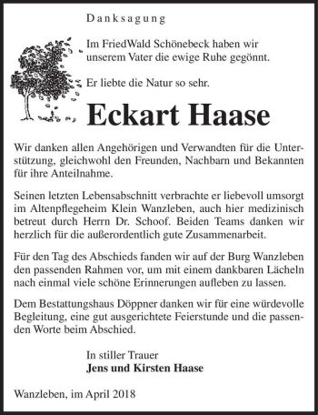 Traueranzeige von Eckart Haase  von Magdeburger Volksstimme