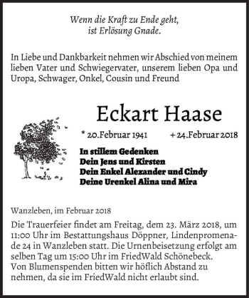 Traueranzeige von Eckart Haase  von Magdeburger Volksstimme
