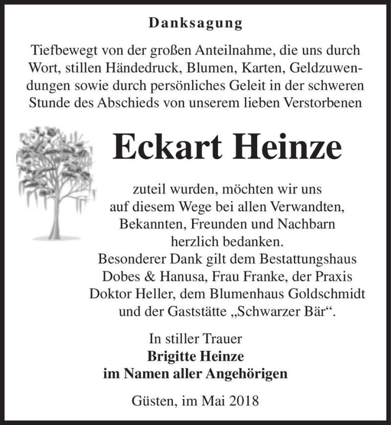  Traueranzeige für Eckart Heinze  vom 31.05.2018 aus Magdeburger Volksstimme