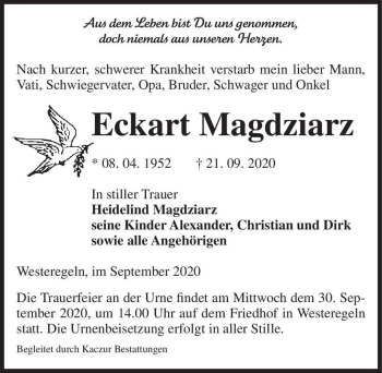 Traueranzeige von Eckart Magdziarz  von Magdeburger Volksstimme