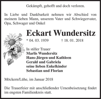 Traueranzeige von Eckart Wundersitz  von Magdeburger Volksstimme