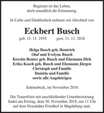 Traueranzeige von Eckbert Busch  von Magdeburger Volksstimme