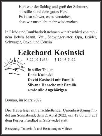 Traueranzeige von Eckehard Kosinski  von Magdeburger Volksstimme