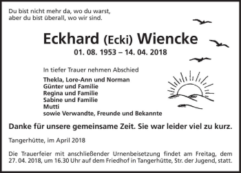 Traueranzeige von Eckhard (Ecki) Wiencke  von Magdeburger Volksstimme