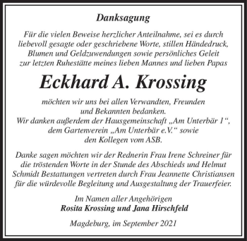 Traueranzeige von Eckhard A. Krossing  von Magdeburger Volksstimme