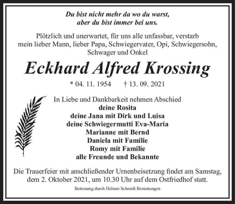  Traueranzeige für Eckhard Alfred Krossing  vom 25.09.2021 aus Magdeburger Volksstimme