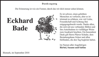 Traueranzeige von Eckhard Bade  von Magdeburger Volksstimme