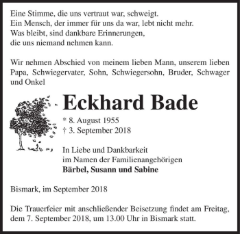Traueranzeige von Eckhard Bade  von Magdeburger Volksstimme