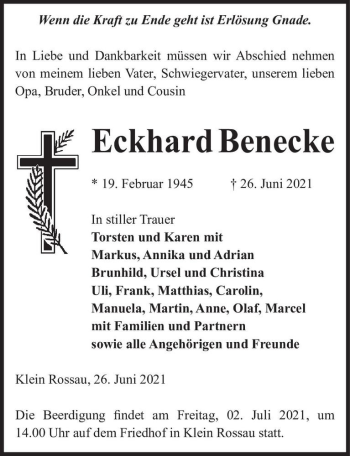 Traueranzeige von Eckhard Benecke  von Magdeburger Volksstimme