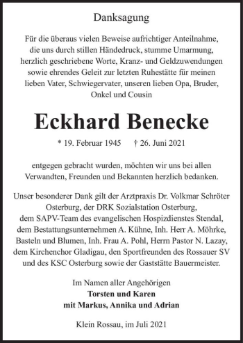 Traueranzeige von Eckhard Benecke  von Magdeburger Volksstimme