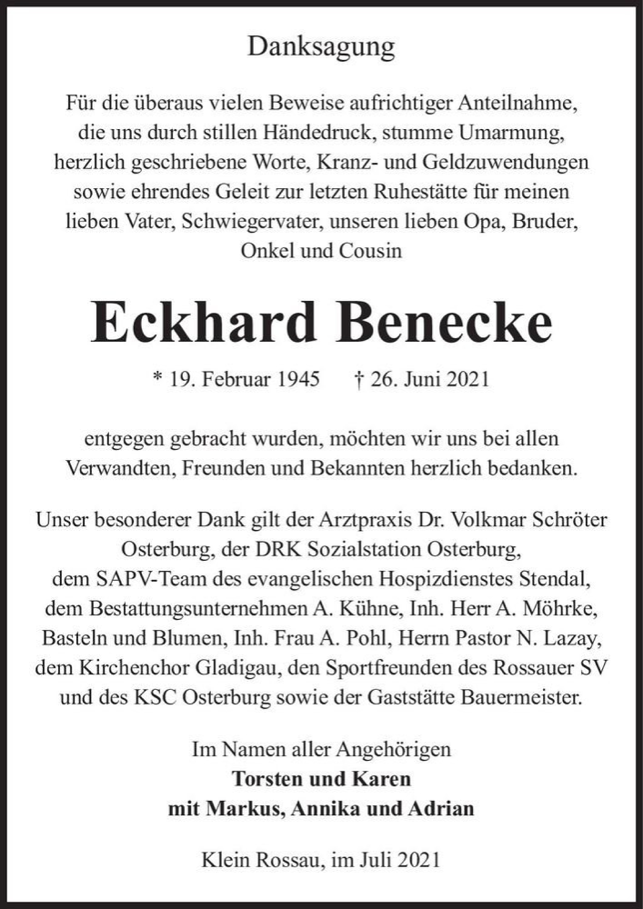  Traueranzeige für Eckhard Benecke  vom 10.07.2021 aus Magdeburger Volksstimme