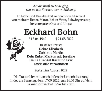 Traueranzeige von Eckhard Bohn  von Magdeburger Volksstimme