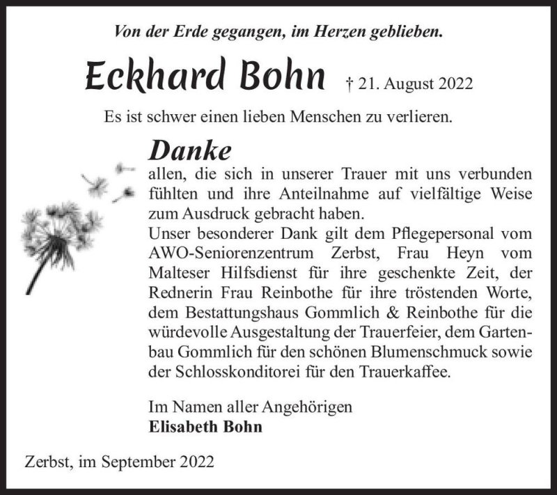  Traueranzeige für Eckhard Bohn  vom 01.10.2022 aus Magdeburger Volksstimme