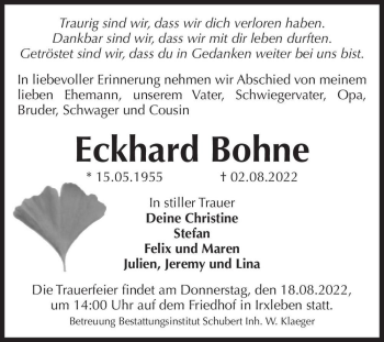 Traueranzeige von Eckhard Bohne  von Magdeburger Volksstimme