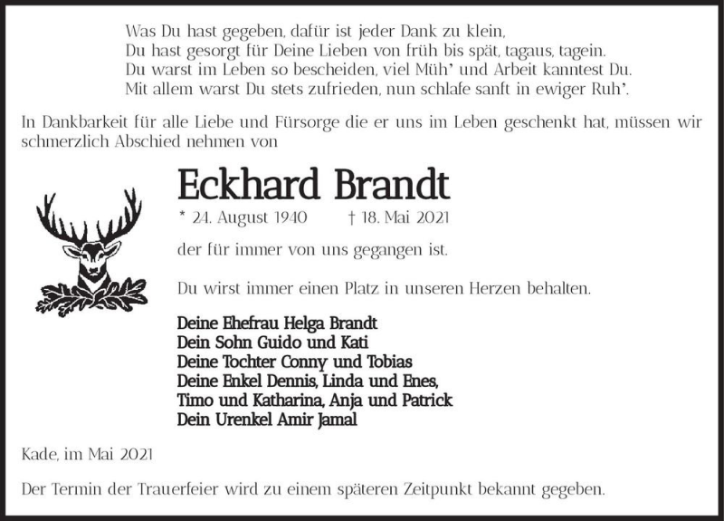  Traueranzeige für Eckhard Brandt  vom 29.05.2021 aus Magdeburger Volksstimme
