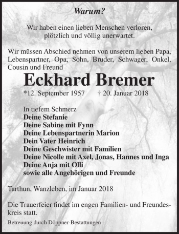 Traueranzeige von Eckhard Bremer  von Magdeburger Volksstimme