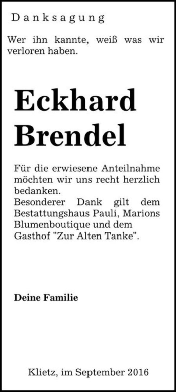 Traueranzeige von Eckhard Brendel  von Magdeburger Volksstimme