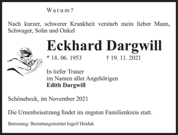 Traueranzeige von Eckhard Dargwill  von Magdeburger Volksstimme