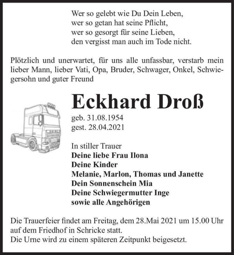  Traueranzeige für Eckhard Droß  vom 22.05.2021 aus Magdeburger Volksstimme