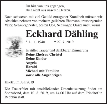 Traueranzeige von Eckhard Dähling  von Magdeburger Volksstimme