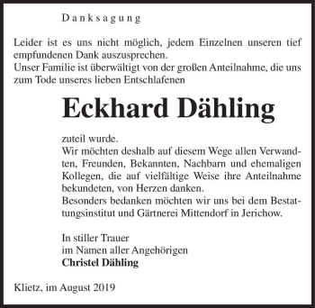 Traueranzeige von Eckhard Dähling  von Magdeburger Volksstimme
