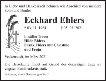 Traueranzeige von Eckhard Ehlers  von Magdeburger Volksstimme