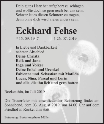 Traueranzeige von Eckhard Fehse  von Magdeburger Volksstimme