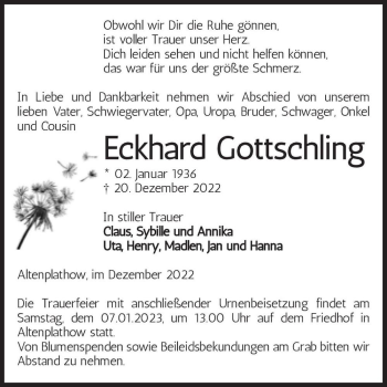 Traueranzeige von Eckhard Gottschling  von Magdeburger Volksstimme