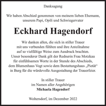 Traueranzeige von Eckhard Hagendorf  von Magdeburger Volksstimme