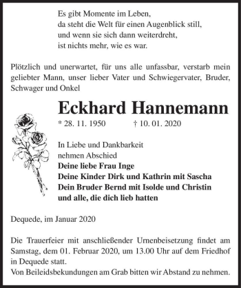 Traueranzeige von Eckhard Hannemann  von Magdeburger Volksstimme