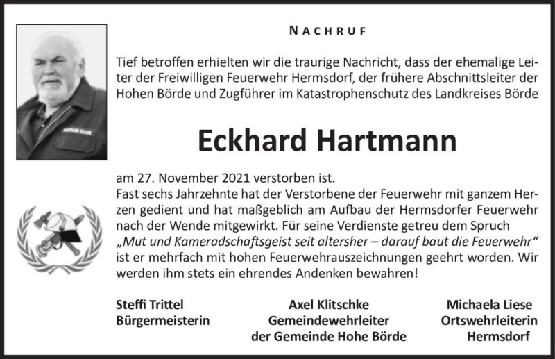  Traueranzeige für Eckhard Hartmann  vom 18.12.2021 aus Magdeburger Volksstimme