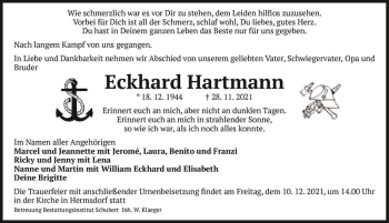 Traueranzeige von Eckhard Hartmann  von Magdeburger Volksstimme