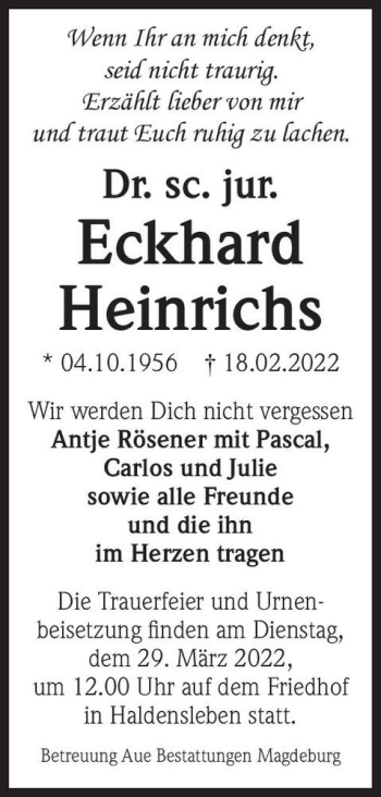 Traueranzeige von Eckhard Heinrichs  von Magdeburger Volksstimme