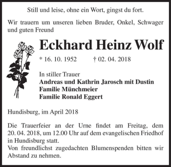 Traueranzeige von Eckhard Heinz Wolf  von Magdeburger Volksstimme