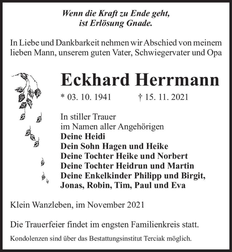  Traueranzeige für Eckhard Herrmann  vom 20.11.2021 aus Magdeburger Volksstimme