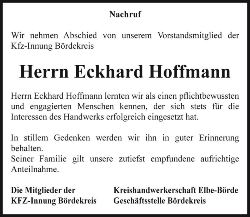 Traueranzeige für Eckhard Hoffmann  vom 26.05.2017 aus Magdeburger Volksstimme