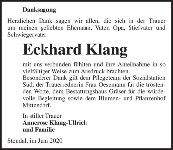 Traueranzeige von Eckhard Klang  von Magdeburger Volksstimme