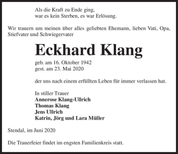 Traueranzeige von Eckhard Klang  von Magdeburger Volksstimme