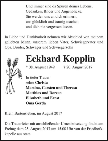 Traueranzeige von Eckhard Kopplin  von Magdeburger Volksstimme