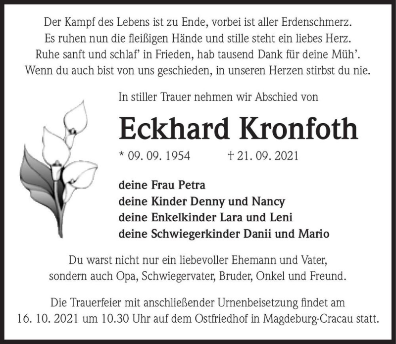  Traueranzeige für Eckhard Kronfoth  vom 09.10.2021 aus Magdeburger Volksstimme