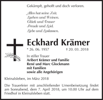 Traueranzeige von Eckhard Krämer  von Magdeburger Volksstimme