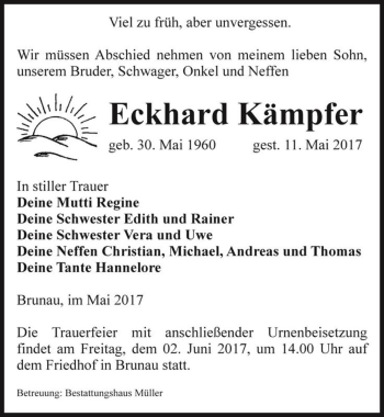 Traueranzeige von Eckhard Kämpfer  von Magdeburger Volksstimme