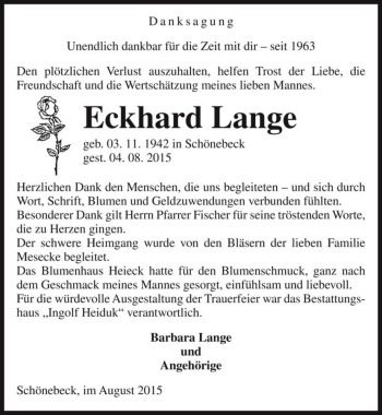 Traueranzeige von Eckhard Lange  von Magdeburger Volksstimme