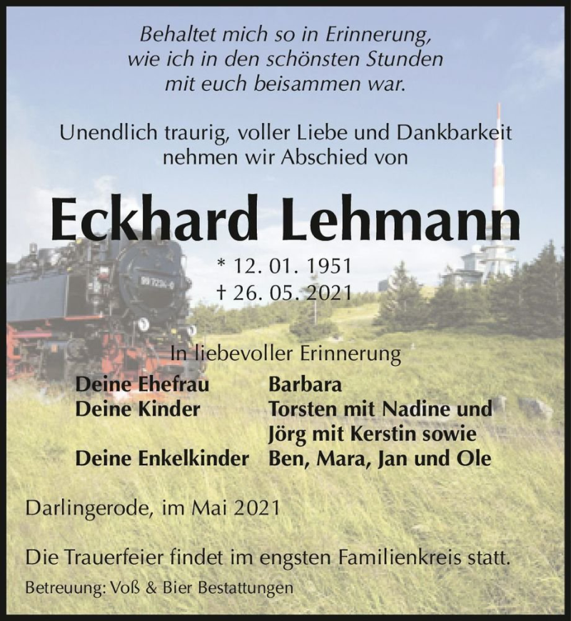  Traueranzeige für Eckhard Lehmann  vom 29.05.2021 aus Magdeburger Volksstimme
