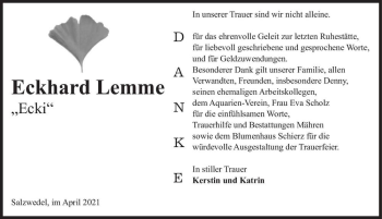 Traueranzeige von Eckhard Lemme 