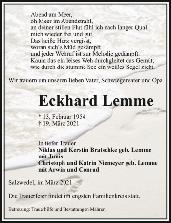 Traueranzeige von Eckhard Lemme  von Magdeburger Volksstimme