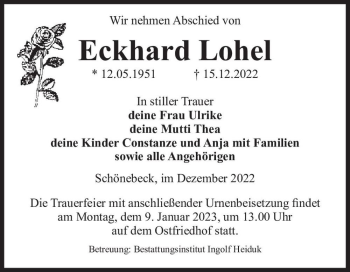 Traueranzeige von Eckhard Lohel  von Magdeburger Volksstimme